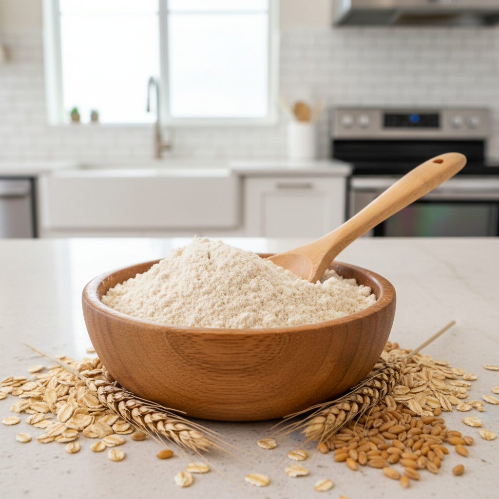 Pilno grūdo avižinių miltų dubuo su mediniu šaukštu